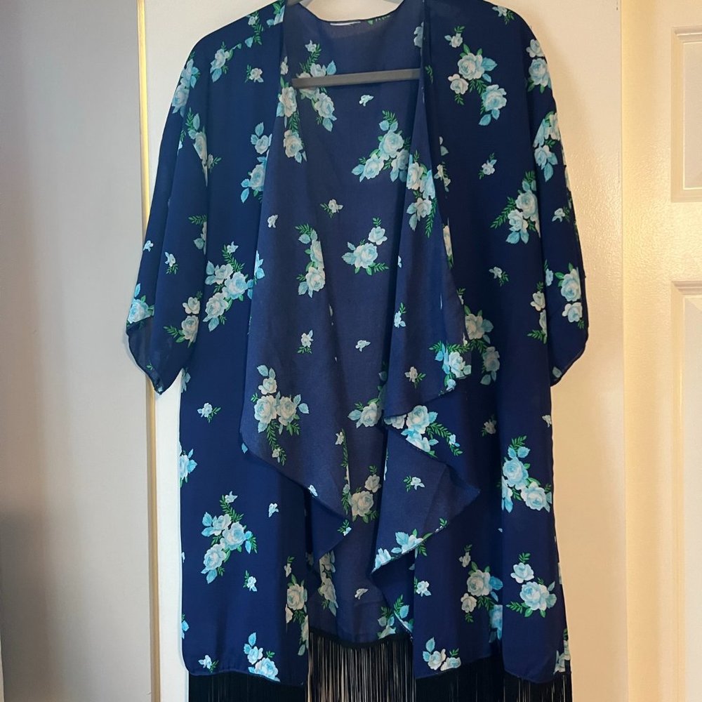 Navy Floral Fringe Open Front Kimono